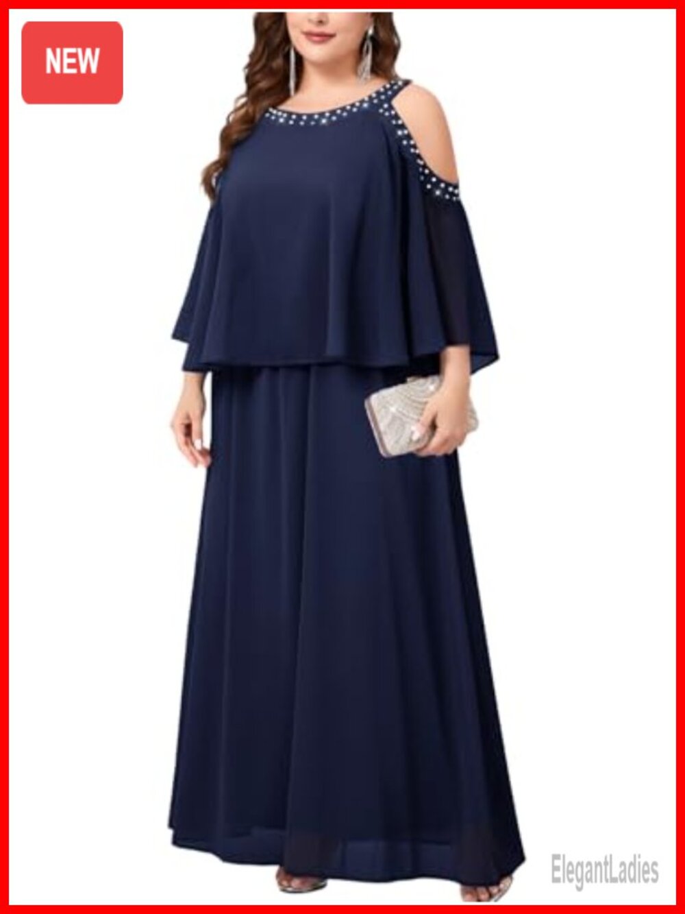 Plus Size Chiffon Formal Maxi Dress Cold Shoulder Beaded Neckline Evening Gown